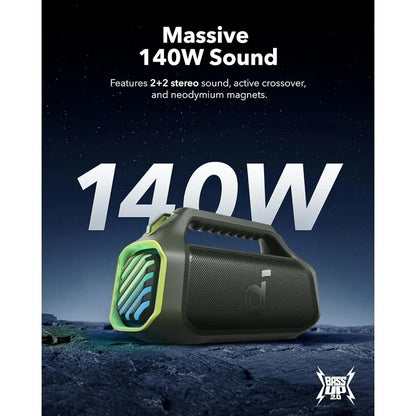 Boom 2 Plus By Anker, Outdoor Speaker, 140W, 2+2 Channel, BassUp 2.0, 20H Playtime, Fast Charge, IPX7 Waterproof, RGB