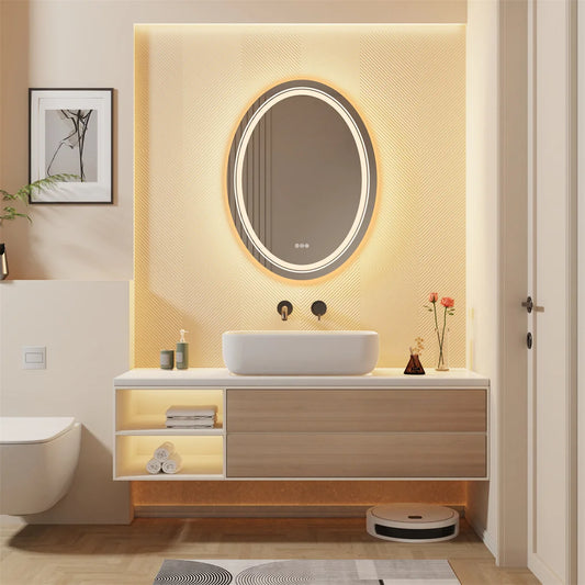 60x80cm Oval Wall Mounted LED Lighted Bathroom Mirror Anti-Fog Dimmable Vanity Makeup Mirror Backlit Home Bathroom Decor