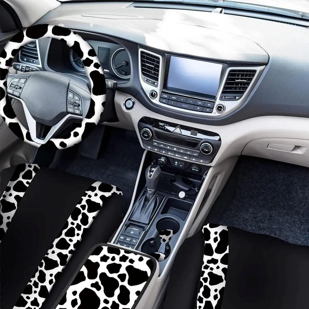 26 Pcs Cow Print Car Accessories Cow Print Seat Covers Set Steering Wheel Cup Holders Foot Armrest Pads License Plate Seat Belt
