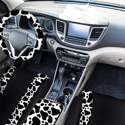 26 Pcs Cow Print Car Accessories Cow Print Seat Covers Set Steering Wheel Cup Holders Foot Armrest Pads License Plate Seat Belt