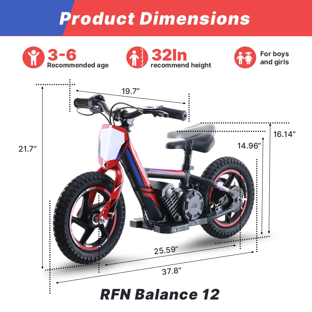 RFN Kids 24V Electric Balance Bike – 170W Motor, 2-Speed Mode, 12" Off Road Electric Dirt Bike, Safe Starter Ebike for Ages 3+