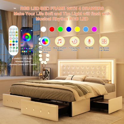 GEGOFORU Queen LED Bed Frame with 4 Storage Drawers, RGBW Headboard, PU Upholstered, No Box Spring Needed, 900 lbs Support