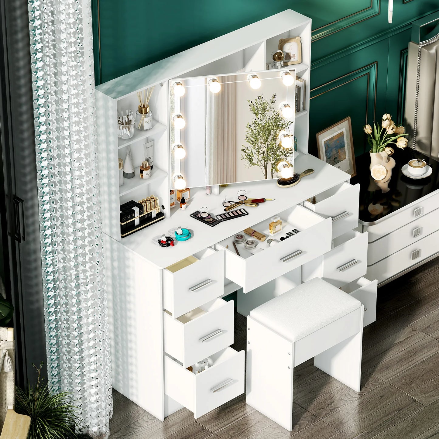 Minimalist natural wood vanity with light-up mirror – 3 light modes, slide-out drawers & shelves