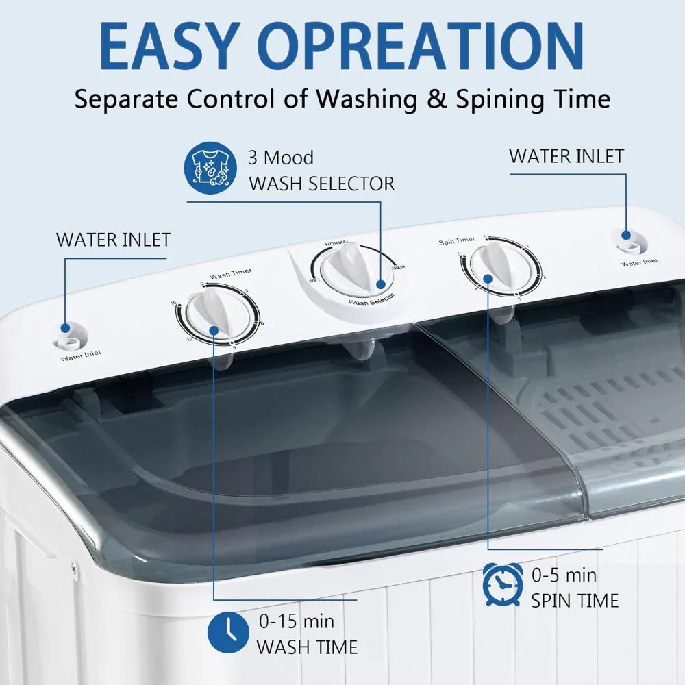 Portable Washing Machine, 32lbs Twin Tub (20lbs Washer + 12lbs Spinner) with 10 Hangers and Drying Rack, Semi-Automatic Compact