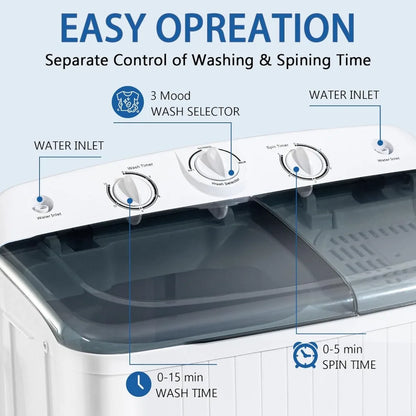 Portable Washing Machine, 32lbs Twin Tub (20lbs Washer + 12lbs Spinner) with 10 Hangers and Drying Rack, Semi-Automatic Compact