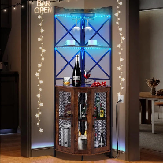 Corner Bar Cabinet with Built-in AC Charging Socket, 5-Tiers Wine Bar Cabinet with Ambient LED Lighting and Glass Holder, Indus