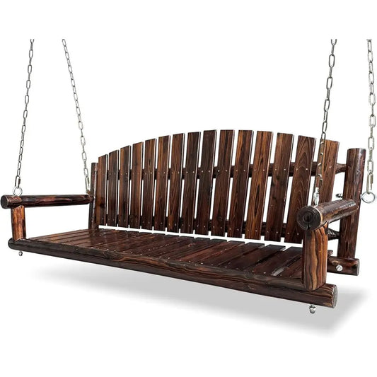 Rustic Log Wooden Porch Swing, Heavy-Duty 900 LBS, Outdoor Hanging Bench for Patio, Garden, Yard – Solid Fir Wood, Handcrafted,