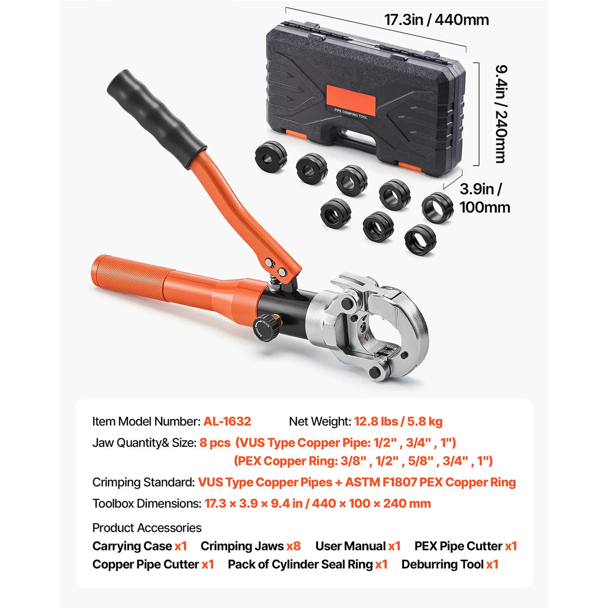 SucceBuy Copper Pipe Crimping Tool Driven Pro Press Tool with 1/2" 3/4" 1" Jaws for Copper Tube & 3/8" 1/2", 5/8" 3/4" 1" Jaws