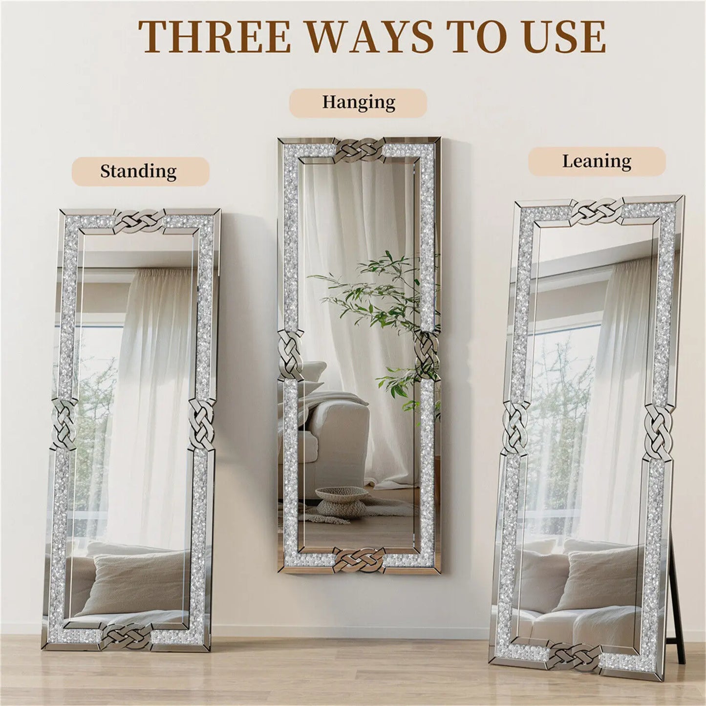 Artloge XL Wall Mirror Full Length Floor Mirror Dressing Mirror with Silver Crushed Diamond Decor Standing/Wall Hanging 160x55CM