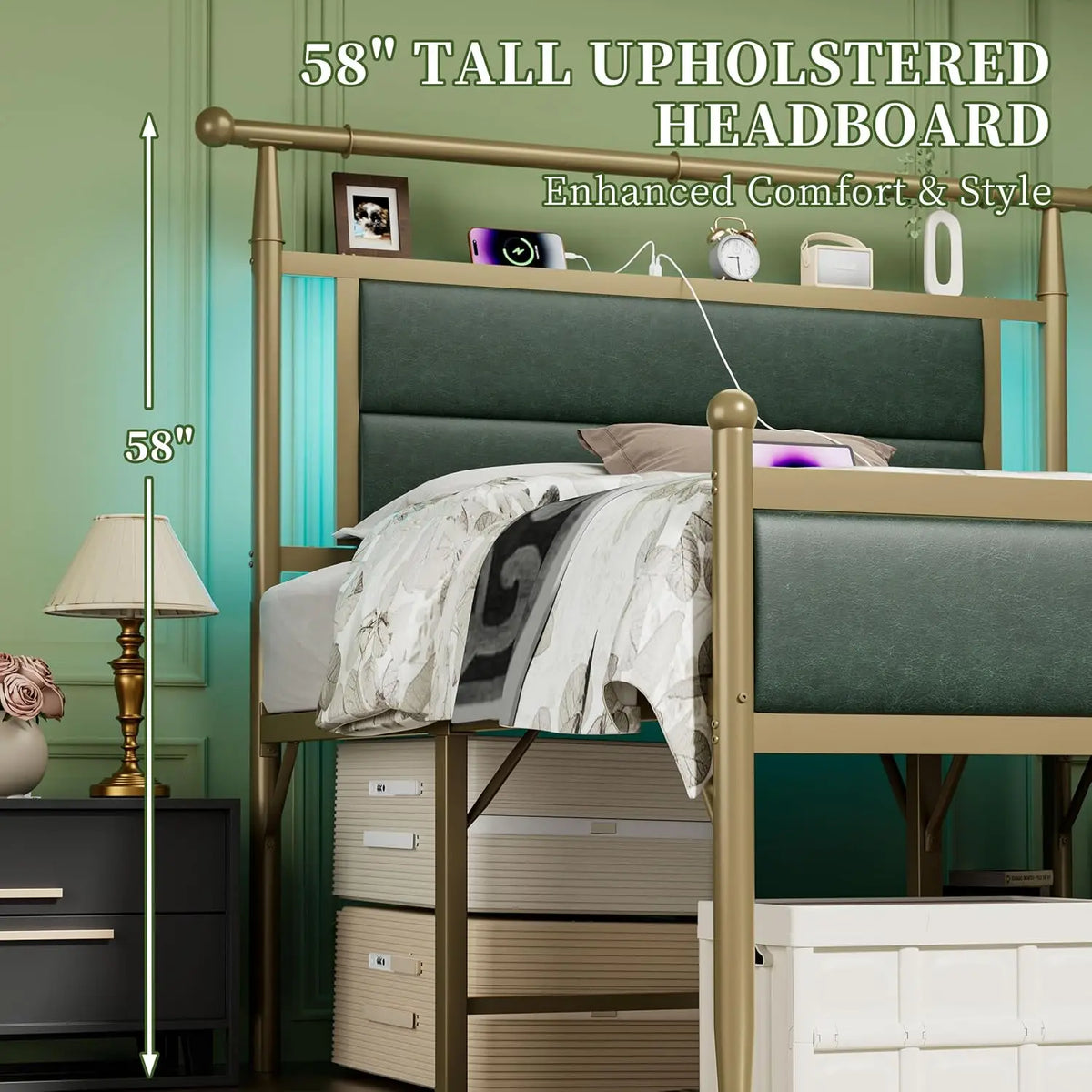 Victorian Metal King Size Bed Frame with Led Lights, Green