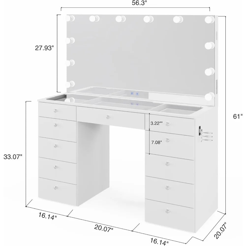 Orla - Glass Top Large Vanity Desk w/Bluetooth Speaker, 12 Hollywood Lights, 11 Drawers, Crystal Knobs, USB Type-C & Type-A Por
