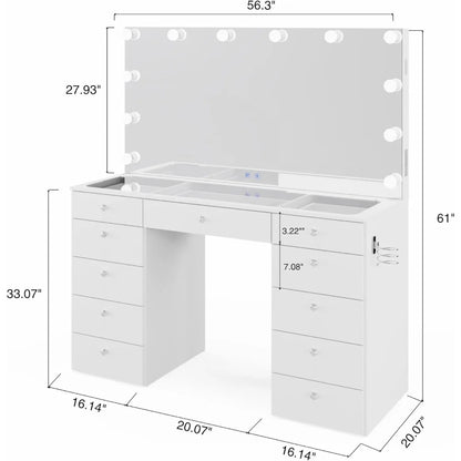 Orla - Glass Top Large Vanity Desk w/Bluetooth Speaker, 12 Hollywood Lights, 11 Drawers, Crystal Knobs, USB Type-C & Type-A Por