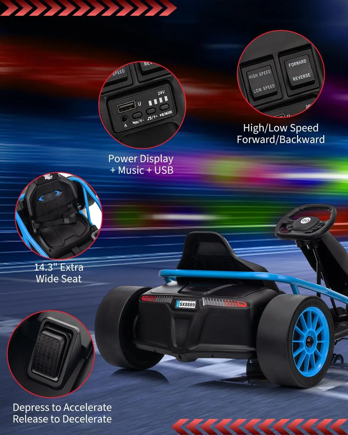 Ride On Go Kart for Kids, 24V 9Ah Battery 2x300W Motors MPH Fast Drifting Circling Car Electric Ride Toy Racing Toy for 8+ Years