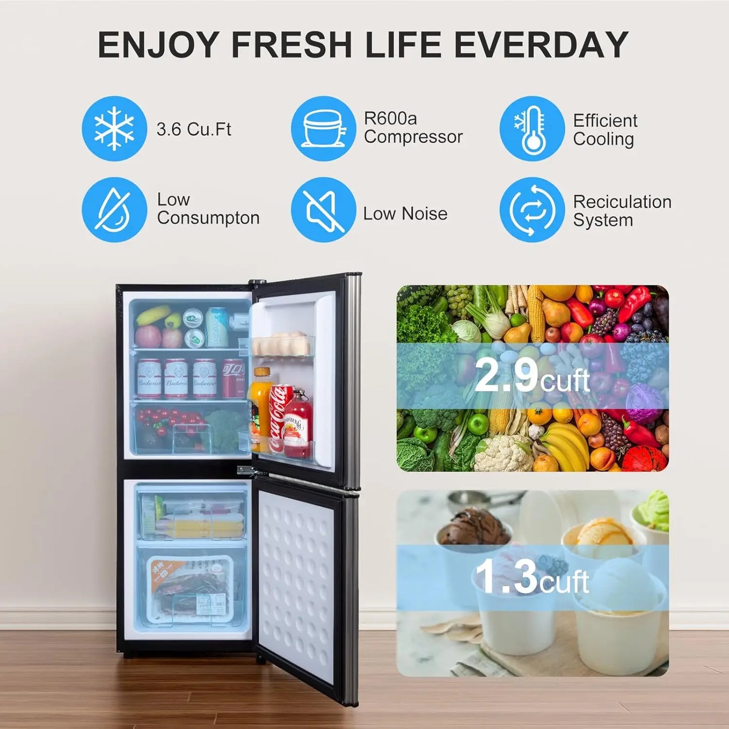 4.2 Cu Ft Mini Fridge for Bedroom, 2 Door Small Fridge, 7 Level Thermostat, LED Light, Small Refrigerator for Bedroom, Office