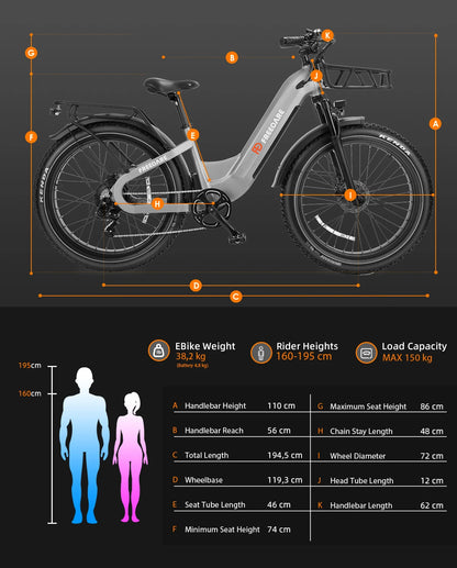 26''Fat Tire Ebike 1000W peak 48V 20Ah Removable Battery APP Control 90Mi Range GPS Tracking Electric Bike for Adults with UL/CE