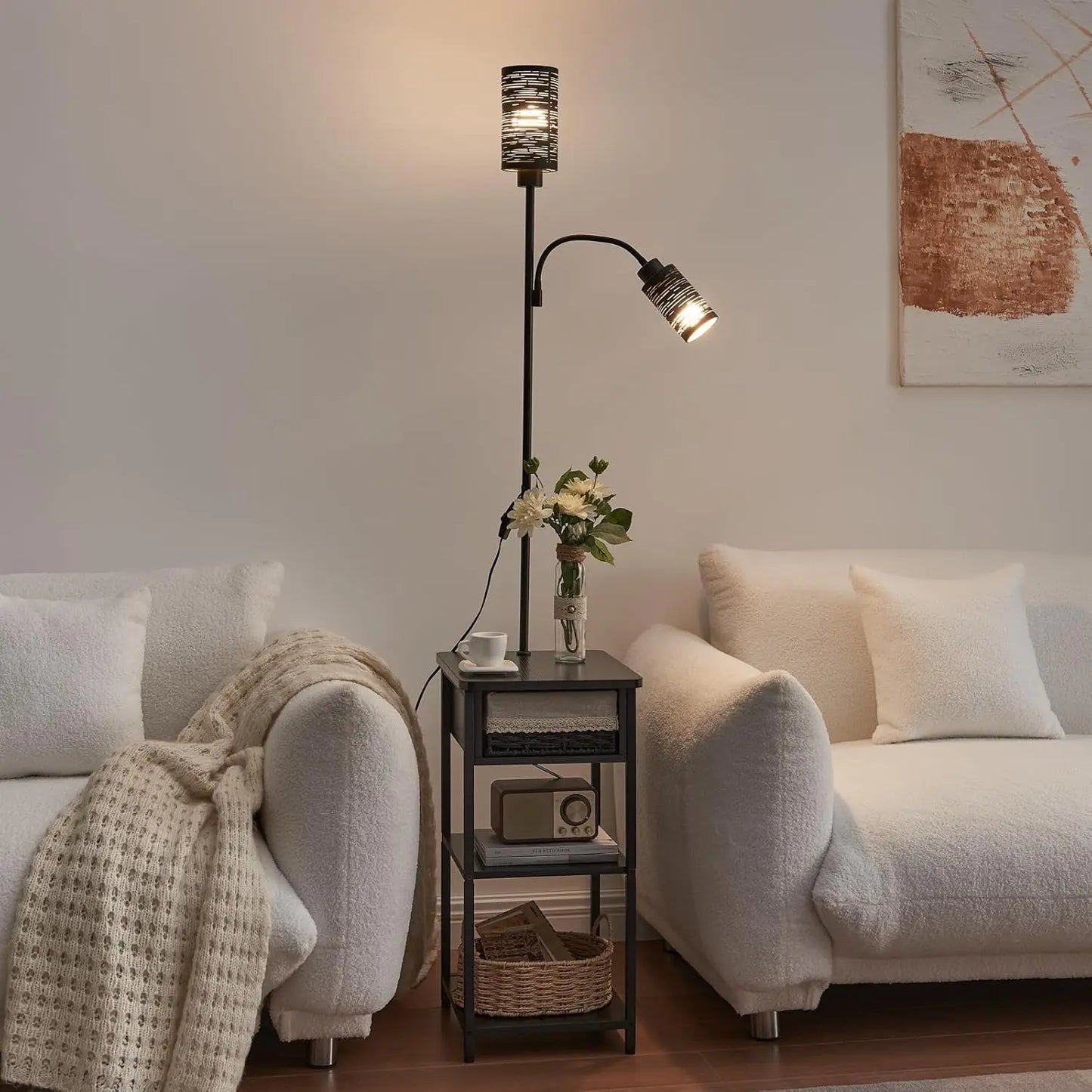 Floor Lamp with End Table, Wicker Drawer & Shelf, 2 Bulbs Included, Small Space Nightstand for Bedroom, Living Room