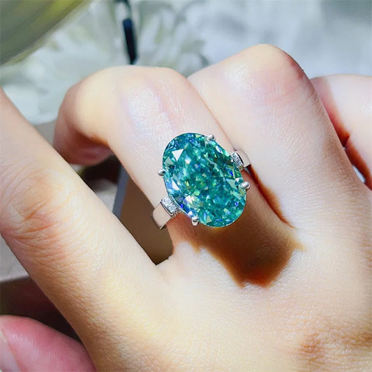 S925 Sterling Silver Colored Oval Ice Flower Cut Moissanite Women's Ring Egg Shaped Mint Green Light Luxury Fashion Jewelry Part