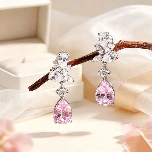 Women 925 Sterling Silver Pink Teardrop Moissanite Dangle Earrings, Waterdrop 7 * 11mm3 Carat Cultivate Morgan Pink Treasure Moissanite Drop Earrings, Elegant Bridal Wedding Statement Earrings for Party Banquet