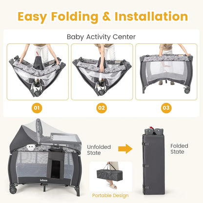 4-in-1 Portable Baby Playard with Bassinet, Changing Table, Canopy & Music Box for Newborns to Toddlers (Grey)