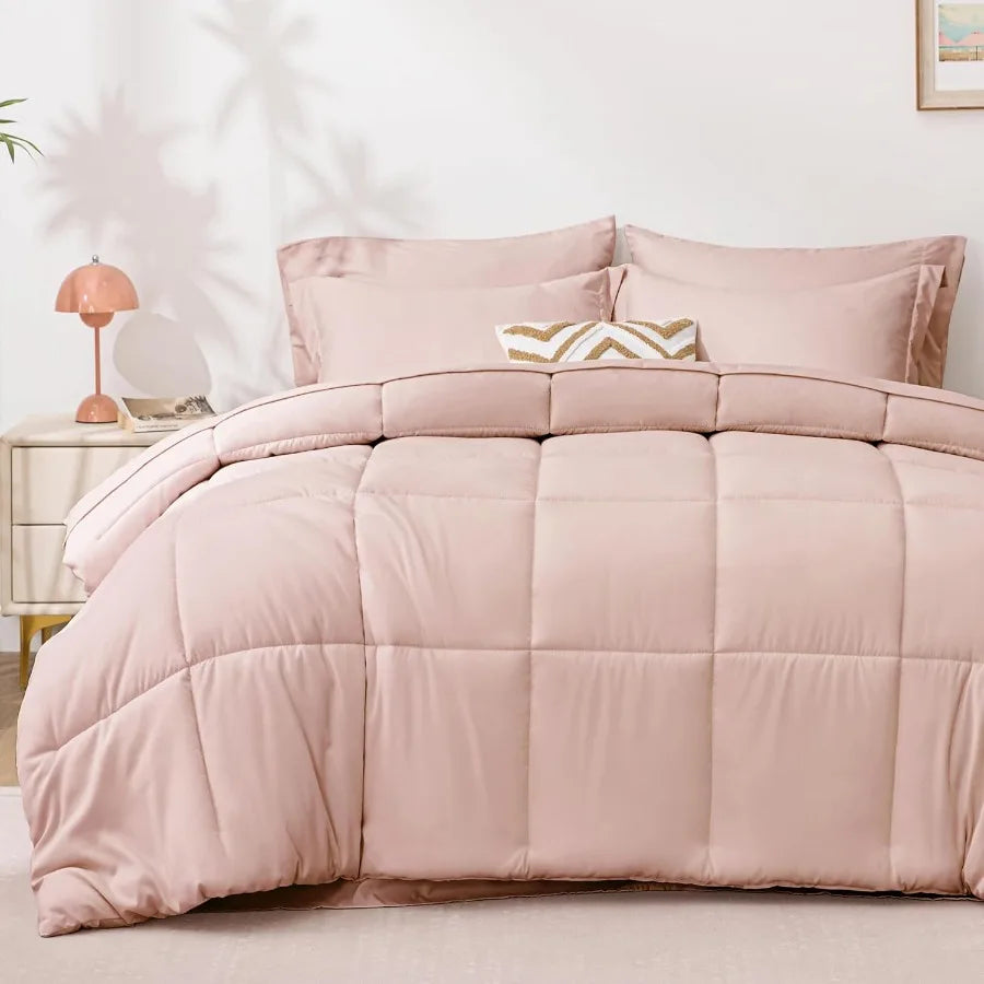 King Size Comforter Set Blush Pink 7 Pieces King Bed in a Bag All Season Bedding with 1 Comforter 1 Flat Sheet 1 Fitted Sheet 2