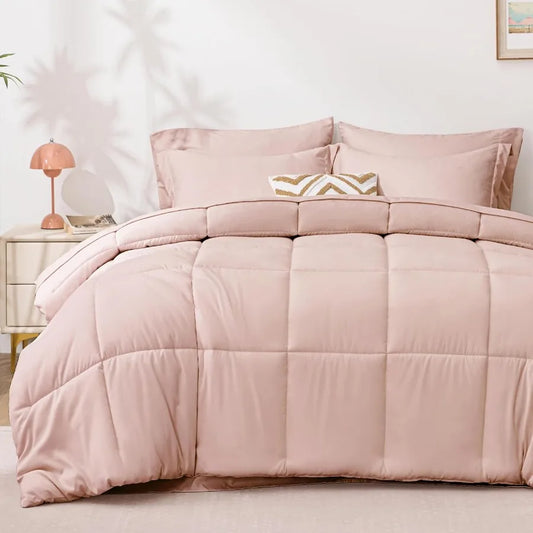 King Size Comforter Set Blush Pink 7 Pieces King Bed in a Bag All Season Bedding with 1 Comforter 1 Flat Sheet 1 Fitted Sheet 2