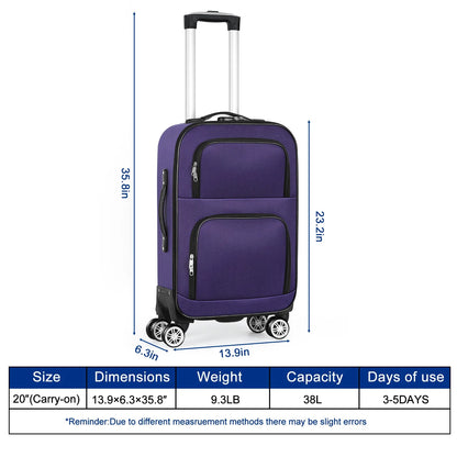 Soft edged travel 20 inch lightweight luggage with rotating wheels, Oxford fabric suitcase with small diagonal fabric