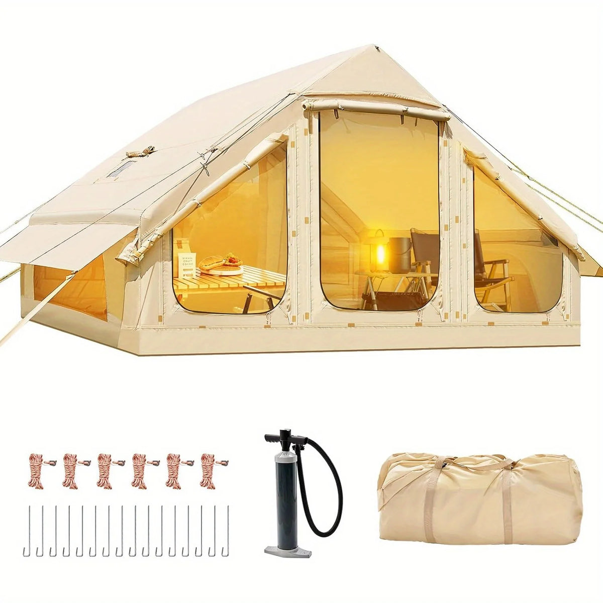 Inflatable tent camping for 1-6 people, hand pump inflation large tent, with skylight and chimney waterproof oxford cloth all