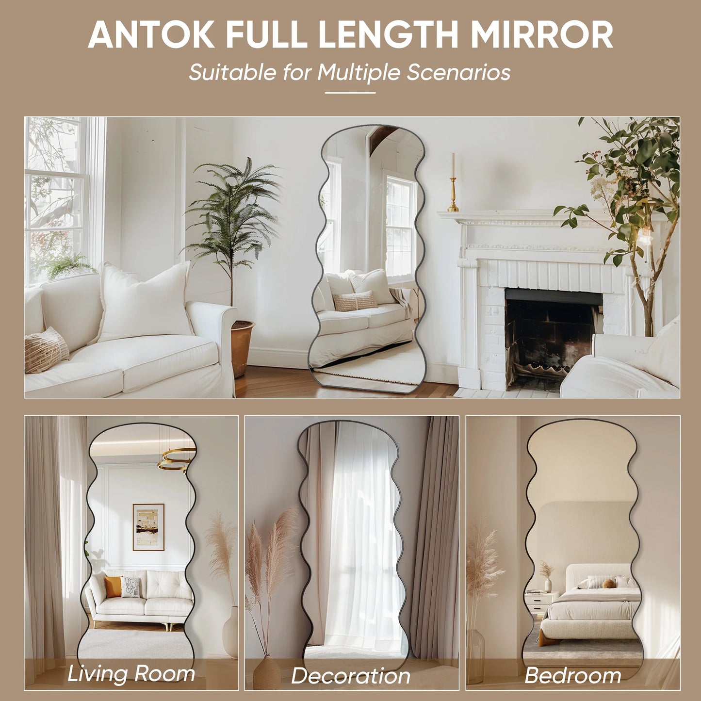 Antok Full Length Mirror, 76"x34" Wavy Mirror Full Length with Stand for Bedroom, Living Room Cloakroom