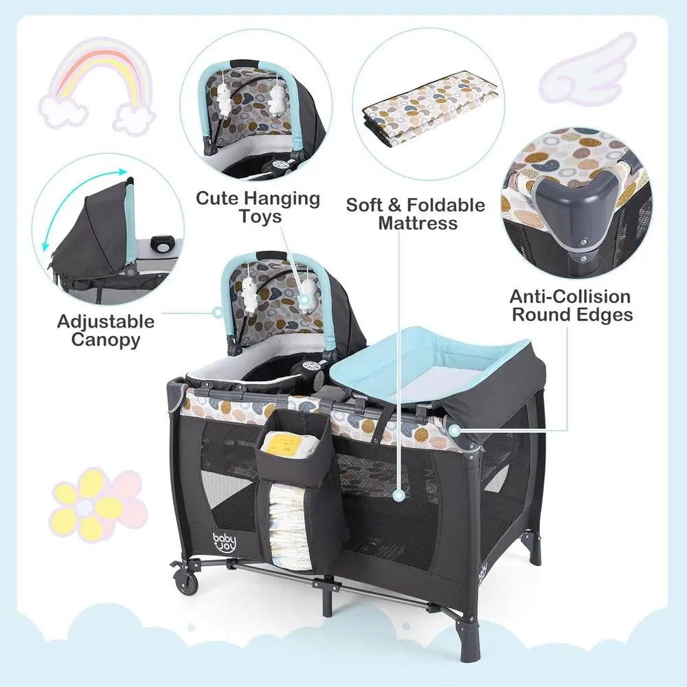 Portable Baby Playard with Bassinet, Cradle, Diaper Bag, Music, and Changing Station in Blue