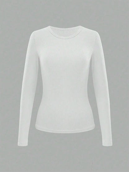 3pcs Women's Solid Ribbed Long Sleeve Crew Neck T-Shirts for Casual Wear