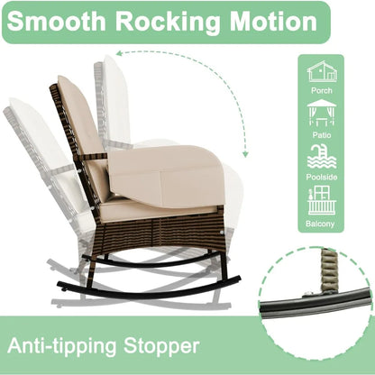 3-Piece Patio Furniture Set,Outdoor Rocking Chairs Set of 2, Patio Conversation Set with 2 Wicker Chairs with Rattan Coffee Tabl