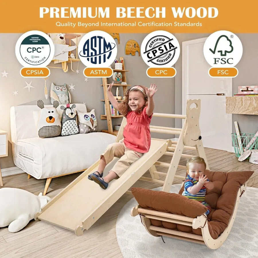 Large Foldable Toddler Climbing Toys Indoor Jungle Gym Pikler Triangle Set with Cushion Slide and Arch 7in1 Montessori Climbing