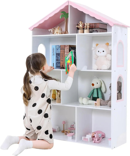 Wooden Dollhouse Bookshelf 4-Tier Children's Bookcase Display Storage Doll House Organizer Furniture for Kids Bedroom Playroom N