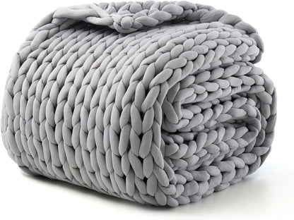 Hand-Knit Weighted Blanket for Adults, Chunky Knit Cooling Breathable Organic Cotton, 48x72 Inch 12lbs