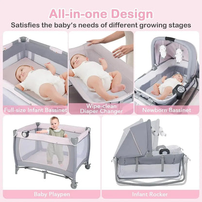 Portable Baby Playard with Bassinet, Cradle, Toys, Diaper Storage, and Changing Station in Pink