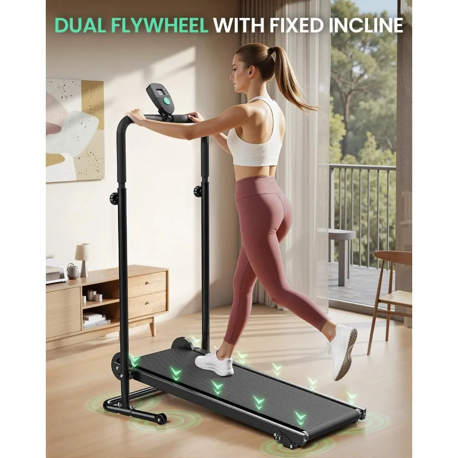 Dual Flywheel Manual Treadmill - Incline Non-Electric for Gym/Home, Steel Frame, Black, Smooth Belt Motion Low-Impact Workout
