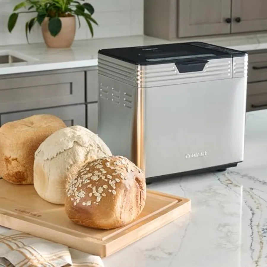 Bread Maker Machine for home baking, stainless steel body, silver color, 16 menu programs and 2-lb loaf capacity