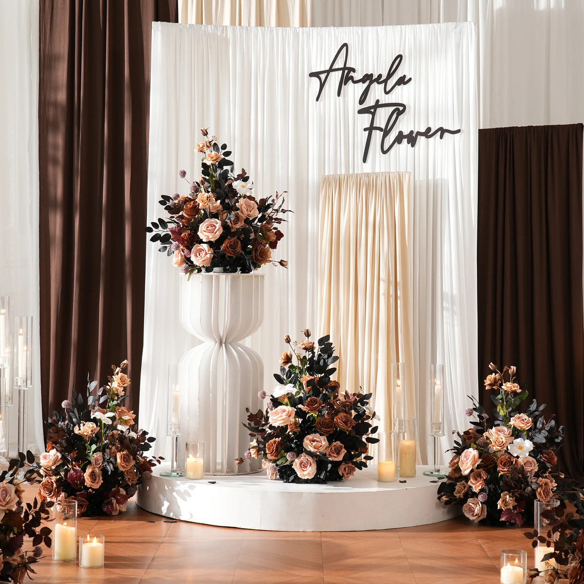 Angela Flower 2Pcs 50cm Artificial Dark Brown Rose Eucalyptus Table Centerpiece Floral Arrangement Wedding Backdrop Decor A9229