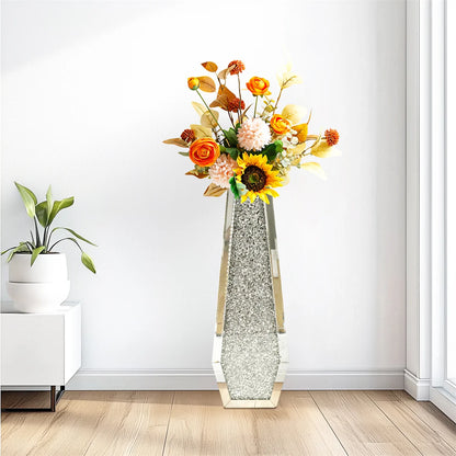 Luxury Floor Glass Vase Large Tall Stand Silver Crushed Diamond Floor Vase for Home Hotel Decorative