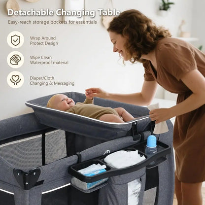 Convertible 4-in-1 Foldable Playard with Bassinet, Changing Table, and Canopy for Babies and Toddlers, Portable Newborn Crib Bed