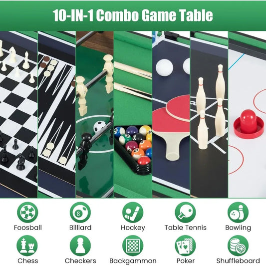 Multi Game Table 10 in 1 Combo Game Table with Foosball Hockey Pool Ping Pong Shuffleboard Bowling and 4 Board Games Versatile