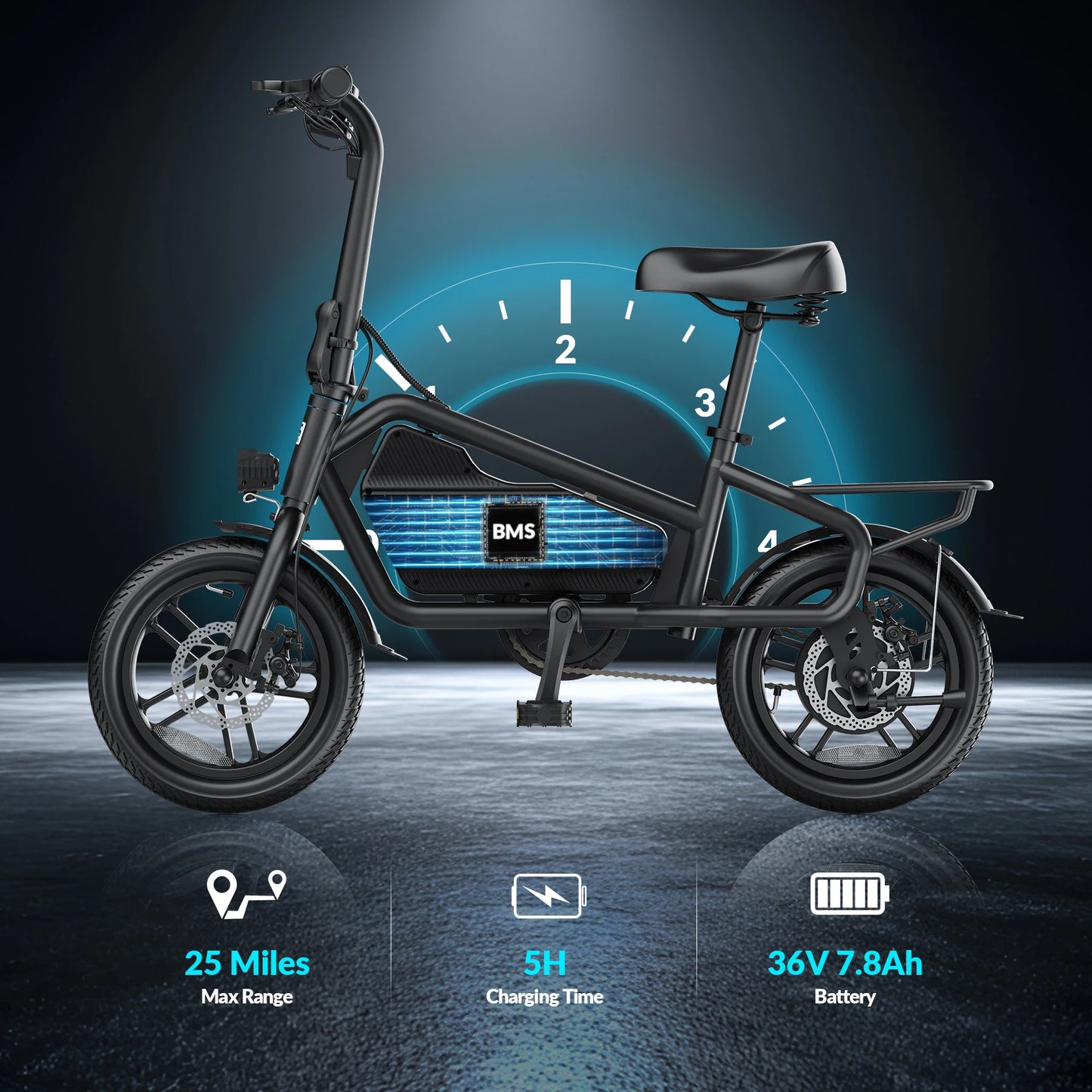 5TH WHEEL Foldable Electric Bike, 650W Peak Motor, 20MPH & 25Miles, 14" Pneumatic Tires for Commuting, Dual Disc Brakes