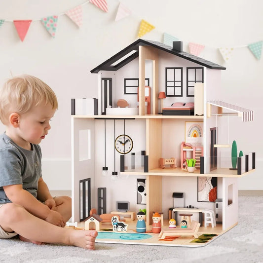 Wooden Dollhouse, Large Modern Doll House with 49Pcs Furniture Accessories, Dolls & Pets, DIY Puzzle Pool Yard, Wood Dollhouse T