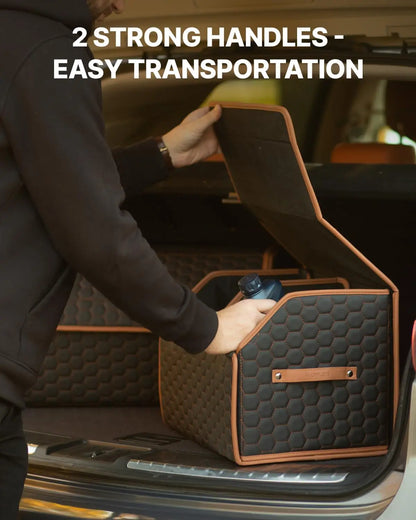 Foldable Car Trunk Organizer with Magnetic Lid, 17.7" Storage Tote for Groceries and Travel Gear in Black-Brown