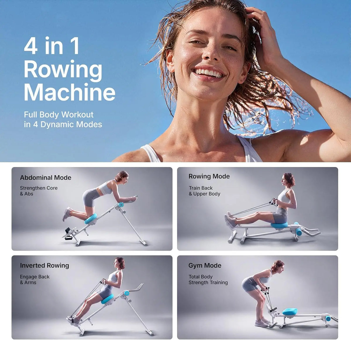 4-in-1 Adjustable Ab Trainer Machine with Triple-Adjustable Incline, Rowing Track & Resistance, Foldable for Full-Body Core Workouts