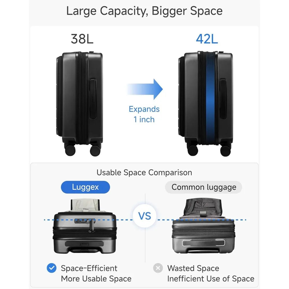 LUGGEX 22x14x9 Inch Expandable Polycarbonate Carry-On Suitcase with Front Pocket - FX-Core Black, 20 Inch