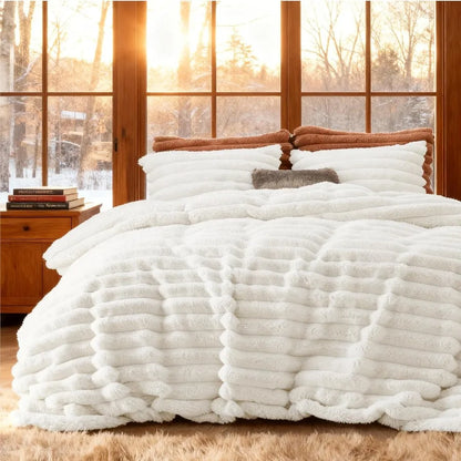 Queen Size Faux Fur Duvet Cover Set - White Soft Cozy Shaggy Winter Warm Luxury Fuzzy Bedding Comforter Cover with 2 Pillowcase
