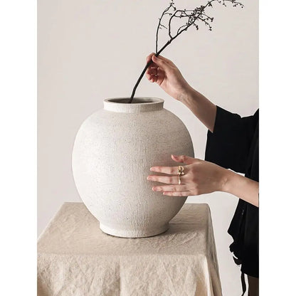 Large 12.5 Round White Ceramic Floor Vase for Centerpieces, Rustic Minimalist Decor