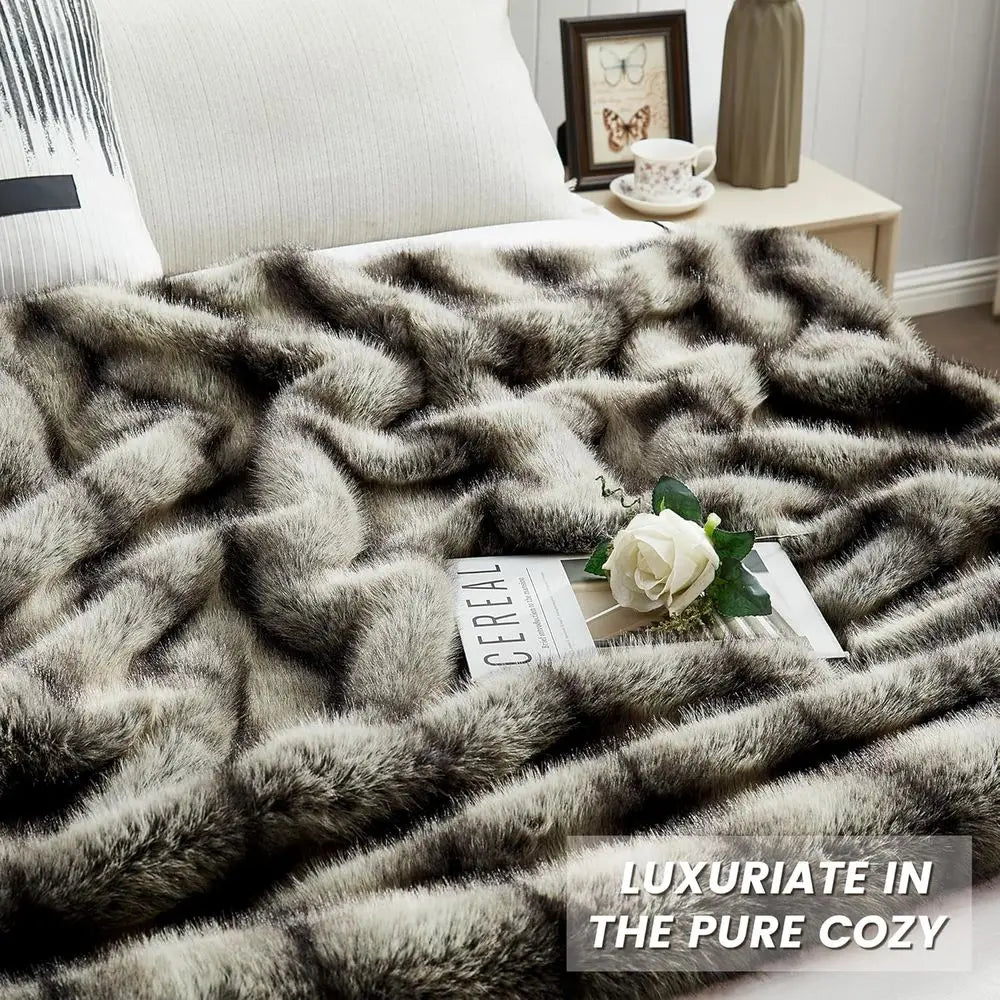 High-end Premium Fuzzy Faux Wolf Fur Throw Blanket 50" x 60", Luxury Cozy Accent Thick Animal Skin Fluffy Fox Blanket for Couch