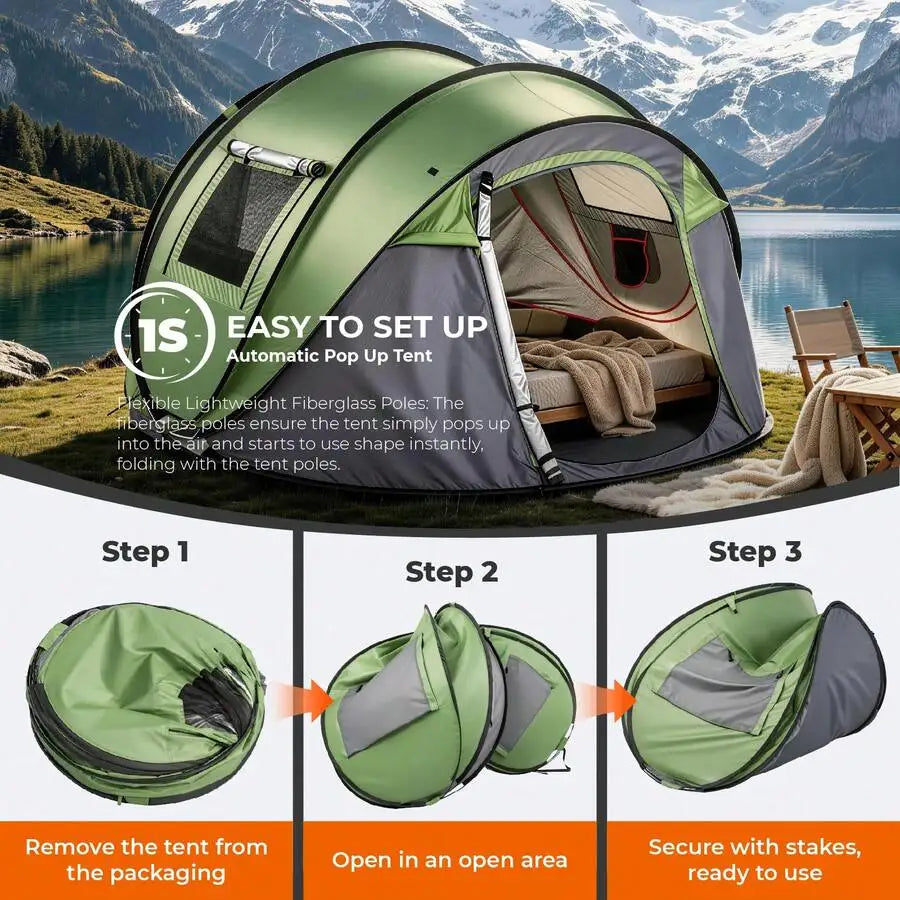 4-Person Pop-Up Camping Tent – Waterproof Family Shelter With Front Awning & Dual Mesh Doors, Automatic Setup For Beach, Festiva